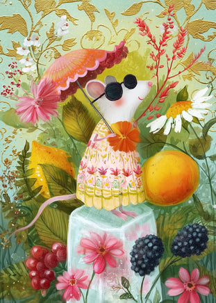 A whimsical illustrated scene of a white mouse wearing black sunglasses and a yellow floral dress, standing on a clear ice block and holding a pink umbrella. The mouse is surrounded by flowers, leaves, berries, and an orange against a light green background.