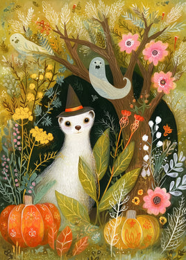 A whimsical illustrated Halloween scene with a white cat wearing a witch hat among pumpkins, flowers, leaves, a tree, and two ghosts against a warm yellow background.