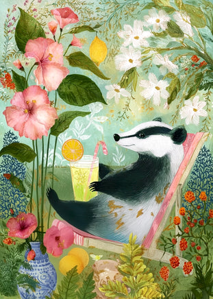 A whimsical illustrated scene of a badger relaxing in a pink lounge chair surrounded by lush garden flowers, leaves, citrus, and a drink, with a blue patterned vase in the foreground.
