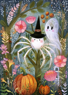 A whimsical illustrated Halloween scene with a white spider wearing a black witch hat, a translucent ghost with pink cheeks, pumpkins, flowers, and leafy vines on a dark blue background.
