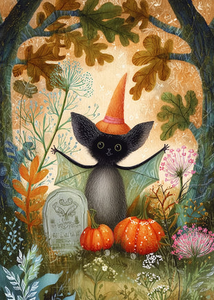 A whimsical Halloween illustration featuring a funny bat wearing an orange witch hat, standing in a forest with pumpkins, flowers, leaves, and a tombstone.
