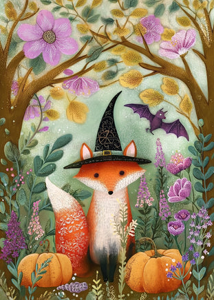 A whimsical illustrated scene of a fox wearing a witch hat among pumpkins, flowers, leaves, branches, and a bat, rendered in soft pastel colours with a decorative vintage-style print look.