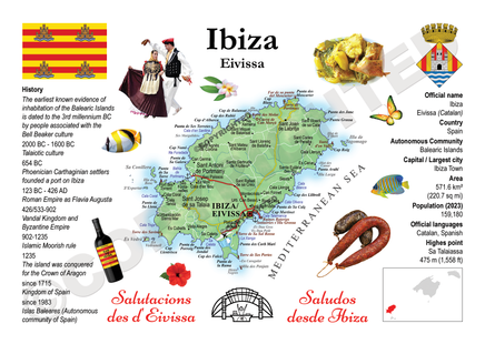 Map of Ibiza with various elements including a flag, people, food, and text.
