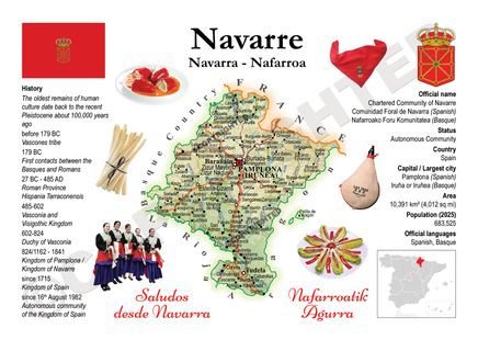 Infographic about Navarre with a map, flags, and cultural elements.