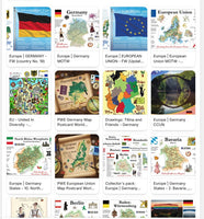 A grid of multiple postcard-style map and travel postcards about Europe and Germany, including maps of Germany, the European Union, Germany-Motw, a colorful world map postcard, a map of Baden-Wuerttemberg, and a postcard featuring the Berlin skyline.