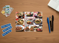 Collage of Romanian dishes with text 'Flavours of Romania' on a striped tablecloth.