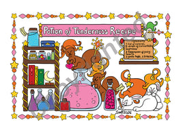 Cartoon potion recipe with animals and a colorful border