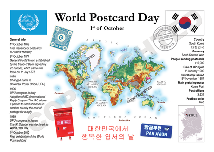 World Postcard Day poster with a world map, flags, and postal symbols about South Korea