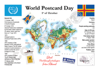 World Postcard Day with a world map, flags, and postal stamps from Aland Islands