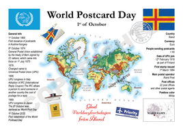 World Postcard Day with a world map, flags, and postal stamps from Aland Islands