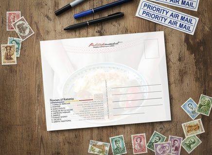 Product packaging with 'Flavours of Romania' text and a colorful label on a white background.