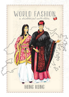 Illustration of two people in traditional Hong Kong attire on a world map background with 'World Fashion' text.