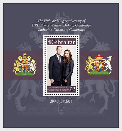 * Stamps | Gibraltar 2016 Fifth Anniversary William and Kate - Gibraltar Miniature Sheet - top quality approved by www.postcardsmarket.com specialists